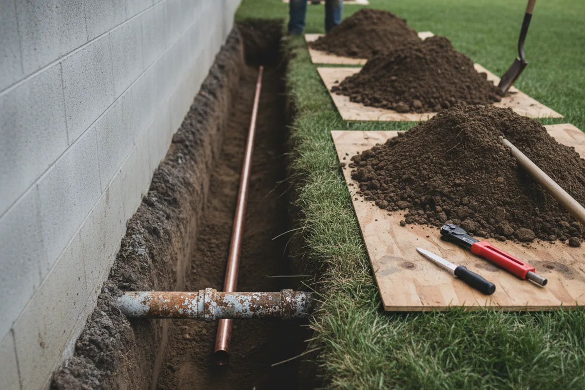 Excavated water line trench during Sewer Line Repair in Williamsport